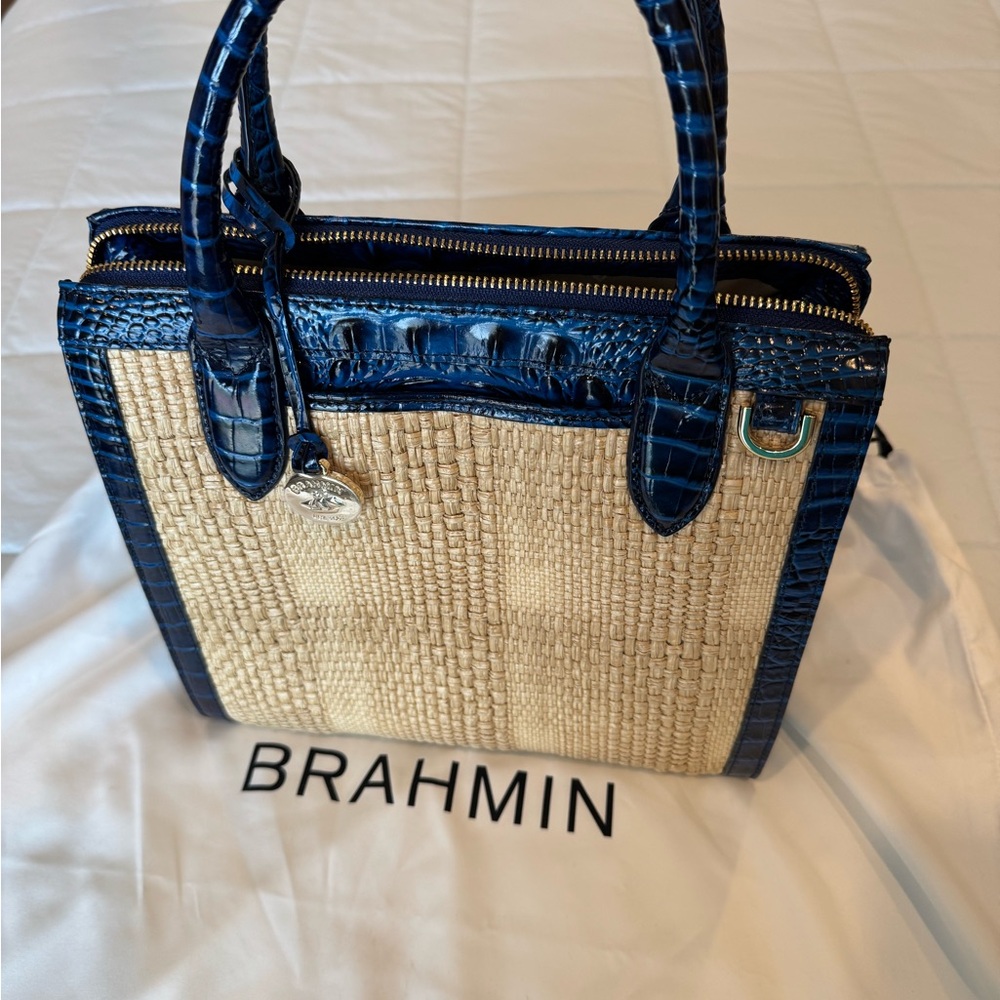Brahmin Blue and Cream Satchel with Structured Design